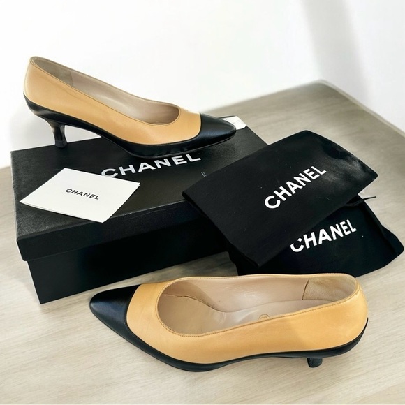 Authentic CHANEL Black & Beige Pumps with Box & Dust Bag - Picture 1 of 15